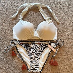 Victoria’s Secret Cream and Zebra Print Bikini with Tassels S bottom 32C top
